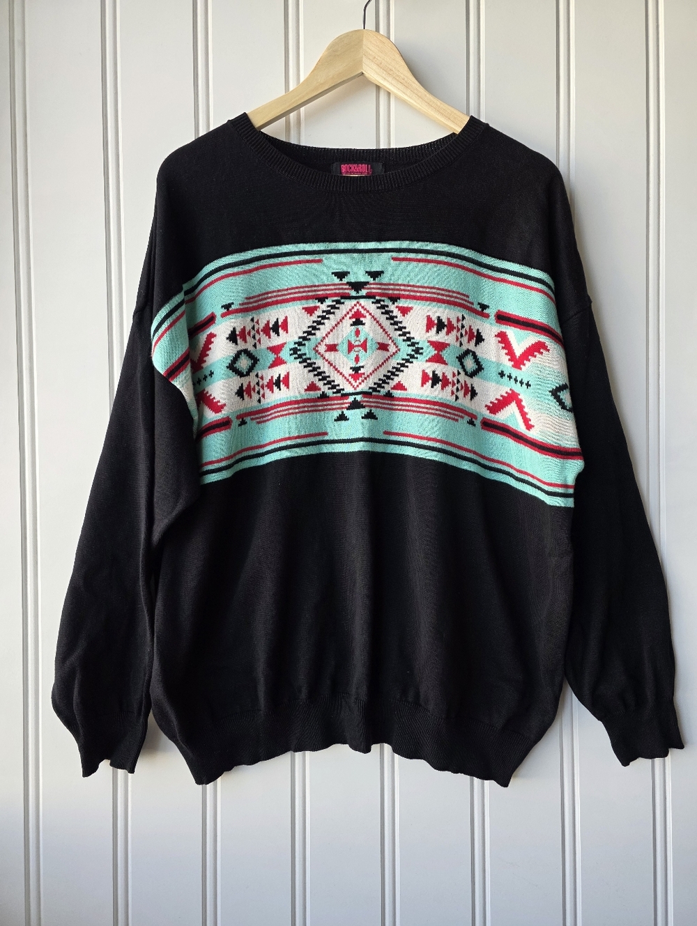 Rock & Roll Denim Aztec Pullover Cotton Western Style Sweater Womens Large